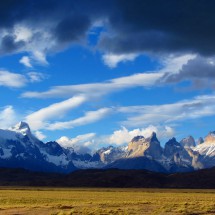 Torres del Paine in the late evening seen from the street to Lago Grey